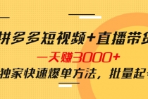 拼多多短视频+直播带货，一天赚3000+独家快速爆单方法，批量起号-创业网