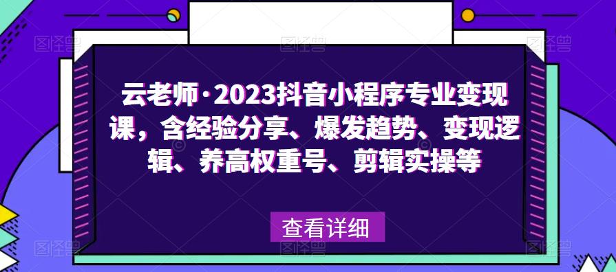 云老师·2023抖音小程序专业变现课，含经验分享、爆发趋势、变现逻辑、养高权重号、剪辑实操等-创业网