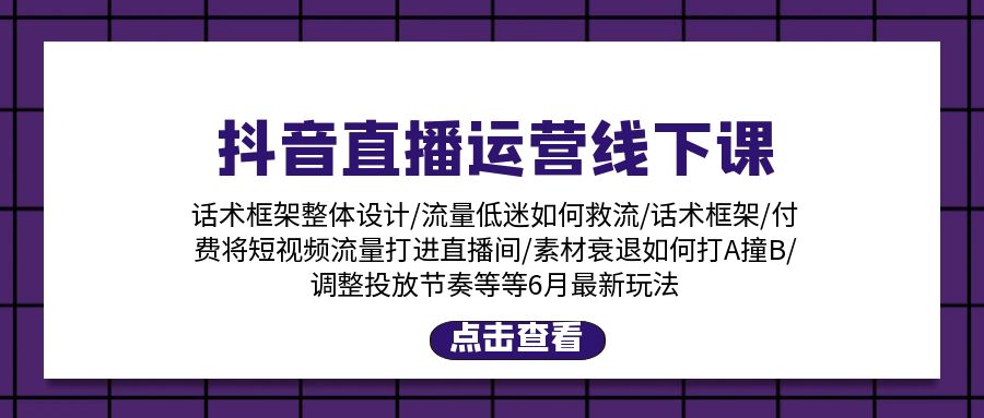 抖音直播运营线下课：话术框架/付费流量直播间/素材A撞B/等6月新玩法-创业网