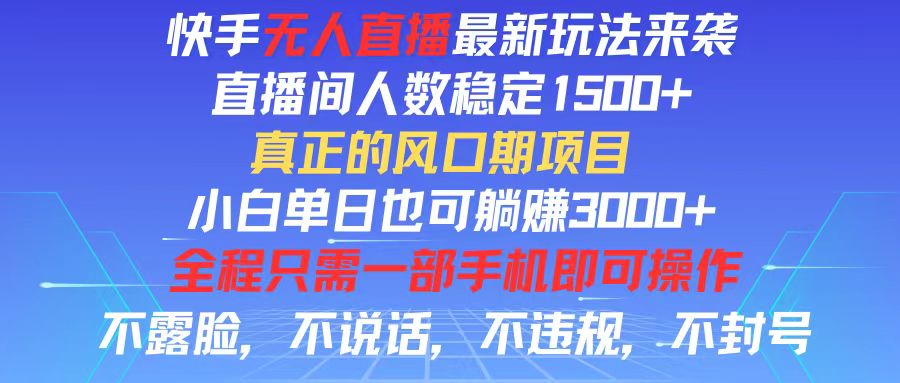 快手无人直播全新玩法，直播间人数稳定1500+，小白单日也可躺赚3000+，…-创业网