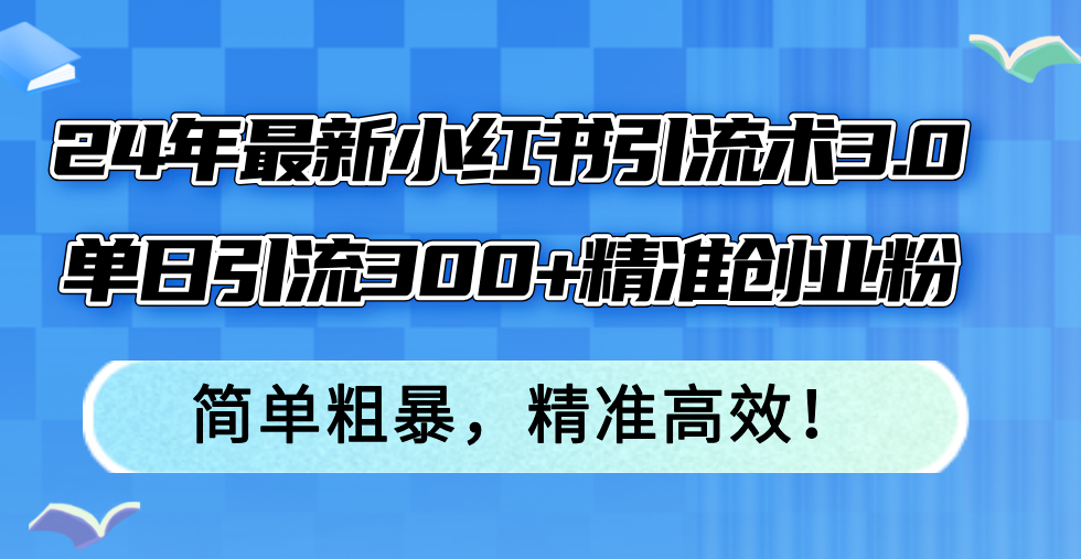 24年最新小红书引流术3.0，单日引流300+精准创业粉，简单粗暴，精准高效！-创业网