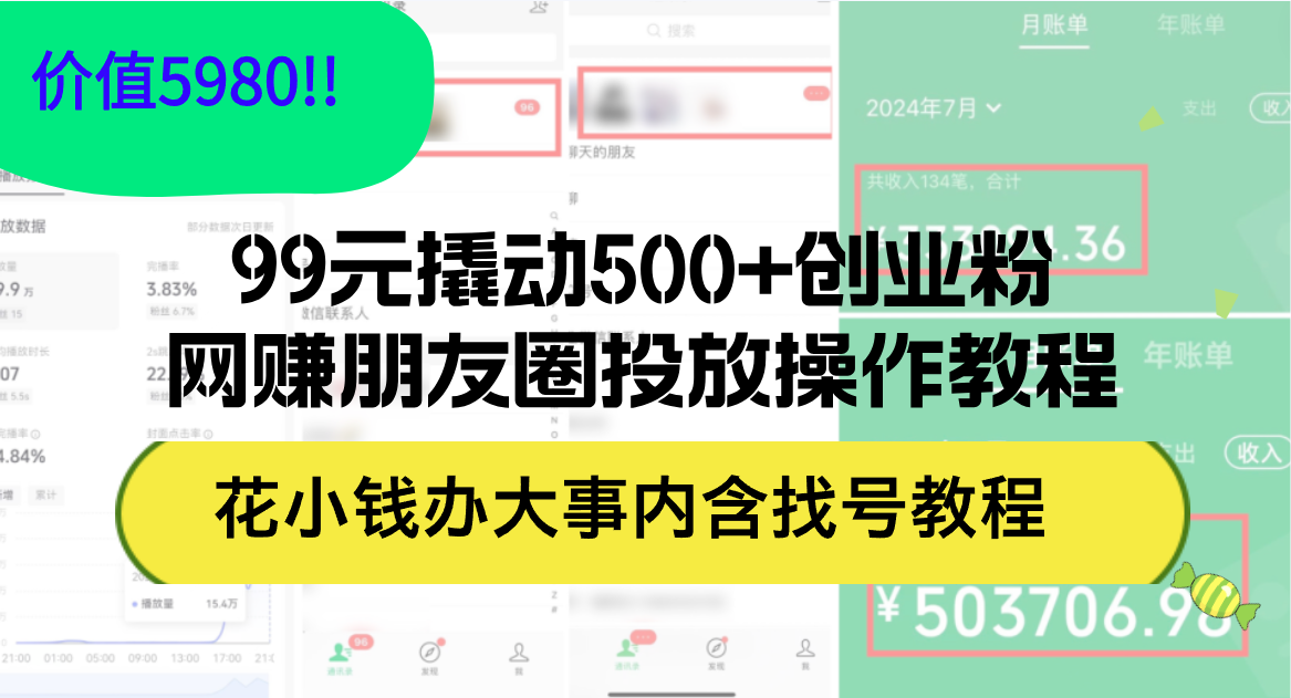 99元撬动500+创业粉，网赚朋友圈投放操作教程价值5980！花小钱办大事内…-创业网