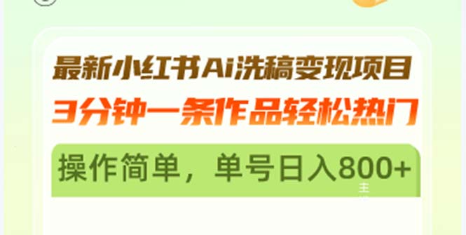 最新小红书Ai洗稿变现项目 3分钟一条作品轻松热门 操作简单，单号日入800+-创业网