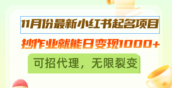 11月份最新小红书起名项目，抄作业就能日变现1000+，可招代理，无限裂变-创业网